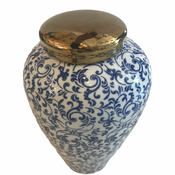Porcelain Vase with Blue Patterns and Gold Lid!!